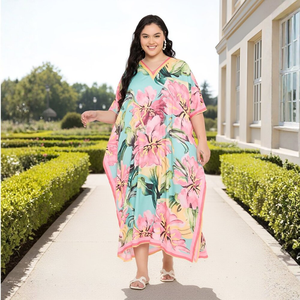Gypsie Blu Loose Caftan Dress Long Maxi Cover Up Dresses Kimono Sleeve for Women